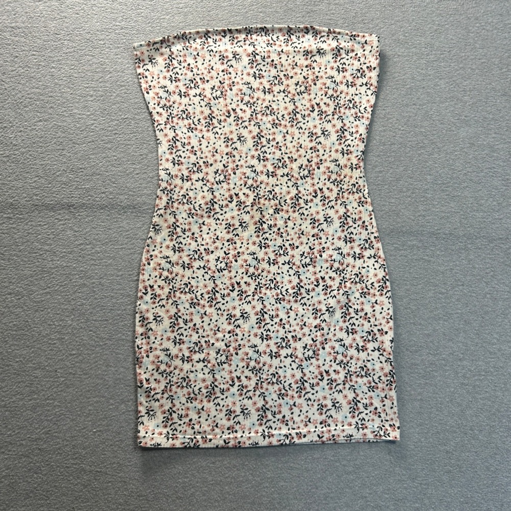 Cage Strapless Bodycon Mini Dress Womens Medium White Ditsy Floral Stretch Y2K